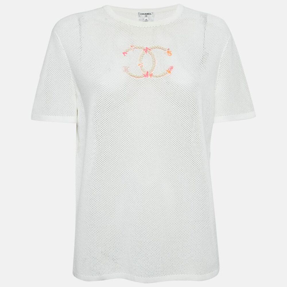 Chanel White Cc Embroidered Mesh Sheer T-Shirt L